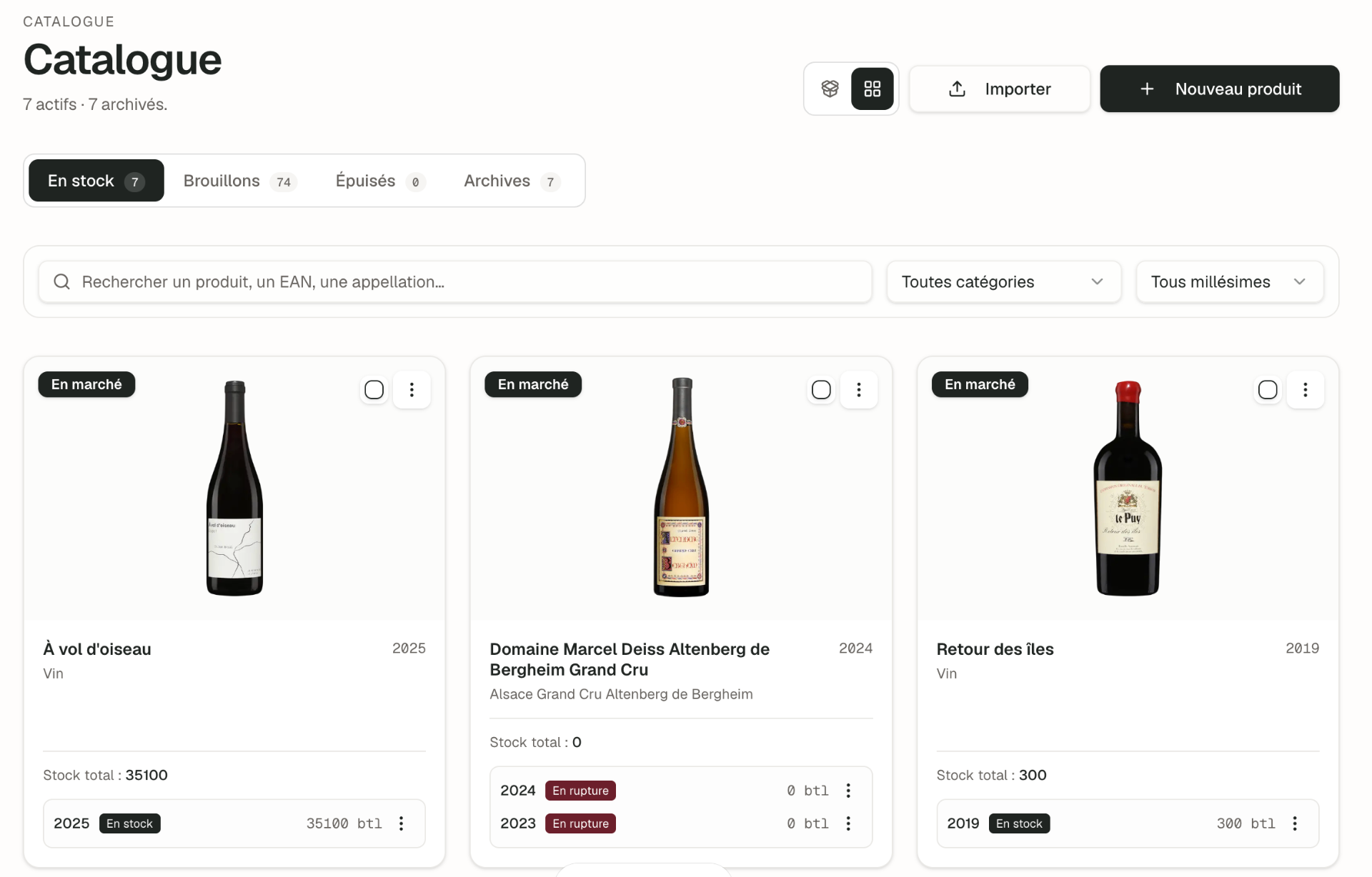 Catalogue produits Barriq avec photos de bouteilles et stocks par millésime.