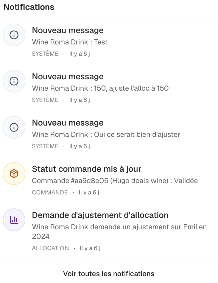 Centre de notifications Barriq avec messages, statuts de commande et alertes.